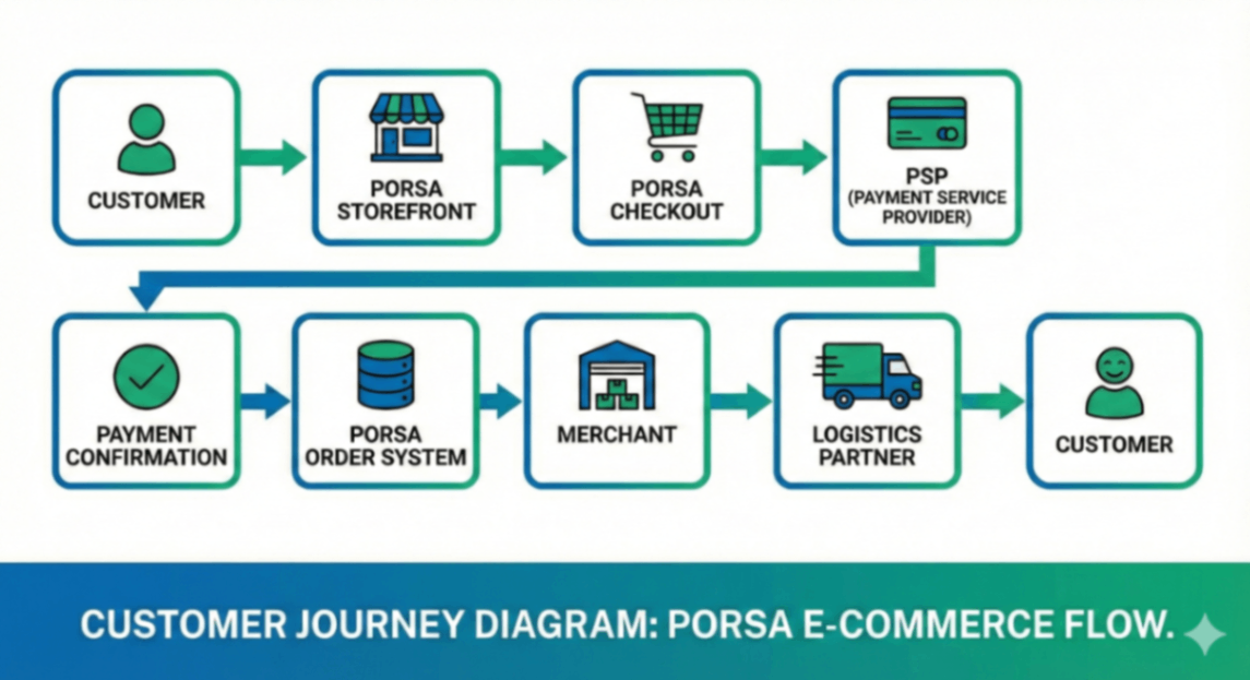 Flux de transaction Merchant of Record — acheteur → Porsa → marchand